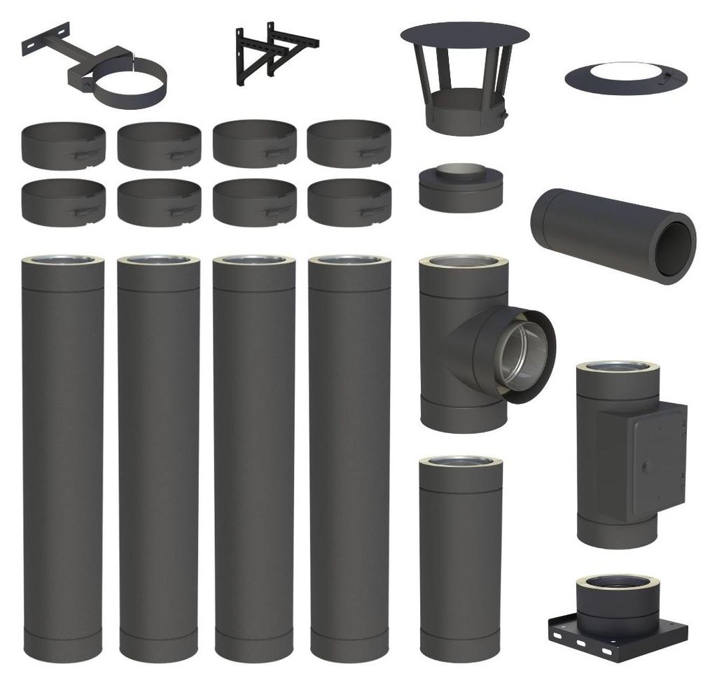 5,2 m Edelstahlschornstein Ø 150 mm Komplettset doppelwandig DW-Black Wandmontage