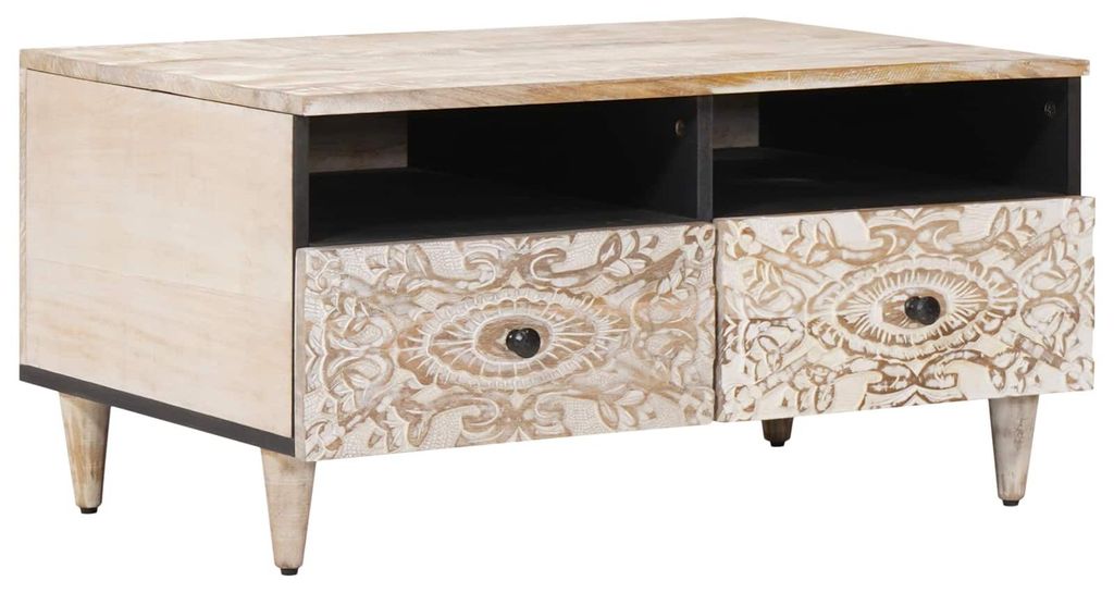 Couchtisch mit Schubladen Weiß 80 x 54 x 40 cm Massivholz Mango