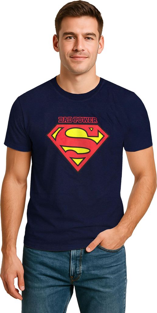 Dad Power T-Shirt für Herren - Superman Logo Vater Shirt Rundhalsausschnitt Oberteil Blau XXL