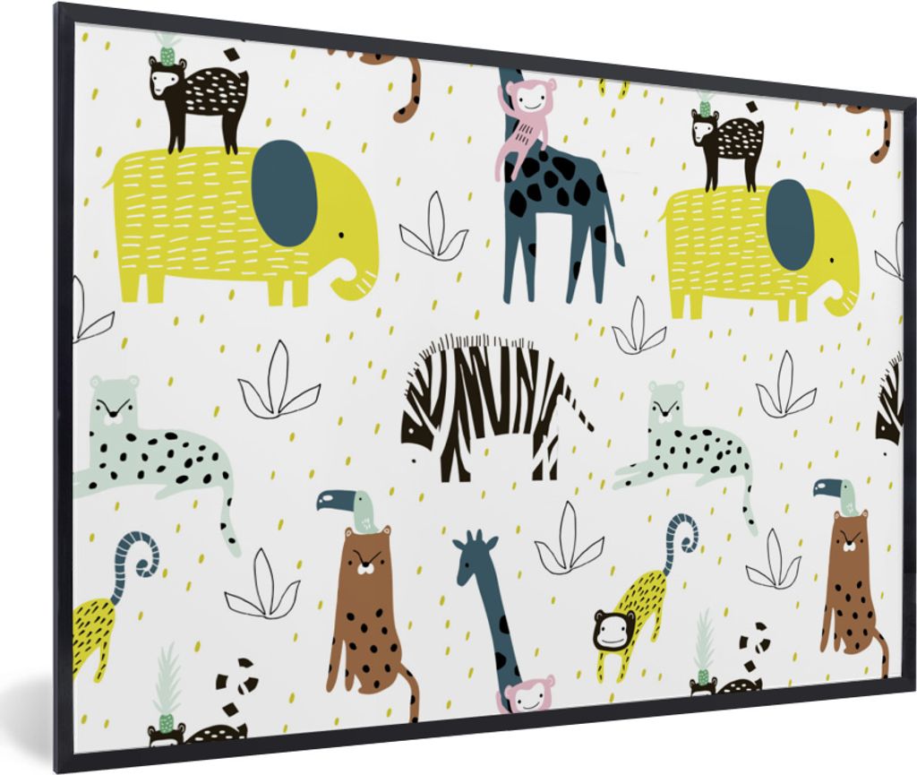 MuchoWow MuchoWow Gerahmtes Poster Tiere - Dschungel - Pastell - Kinder 90x60 cm - Poster mit zchwarzem Bilderrahmen - Fotorahmen - Foto-Plakat