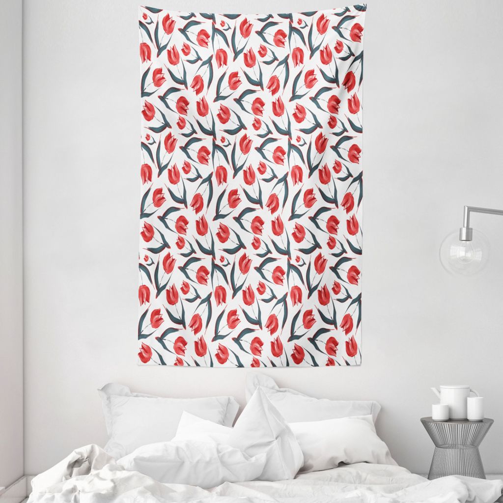 ABAKUHAUS rot Wandteppich und Tagesdecke, Vintage Inspired Tulpen aus Weiches Mikrofaser Stoff Waschbar ohne Verblassen Digitaldruck, 140 x 230 cm,...