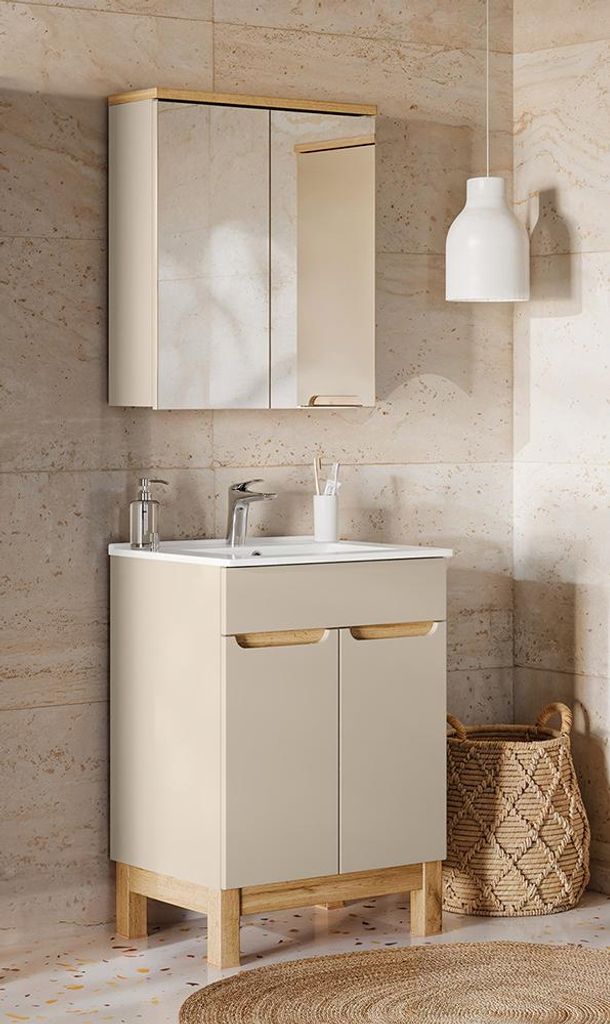 Badmöbel-Set 2-teilig mit 60 cm Waschtisch & Spiegelschrank in kaschmir und Eiche, modern grifflos - SOLNA-56-CASHMERE