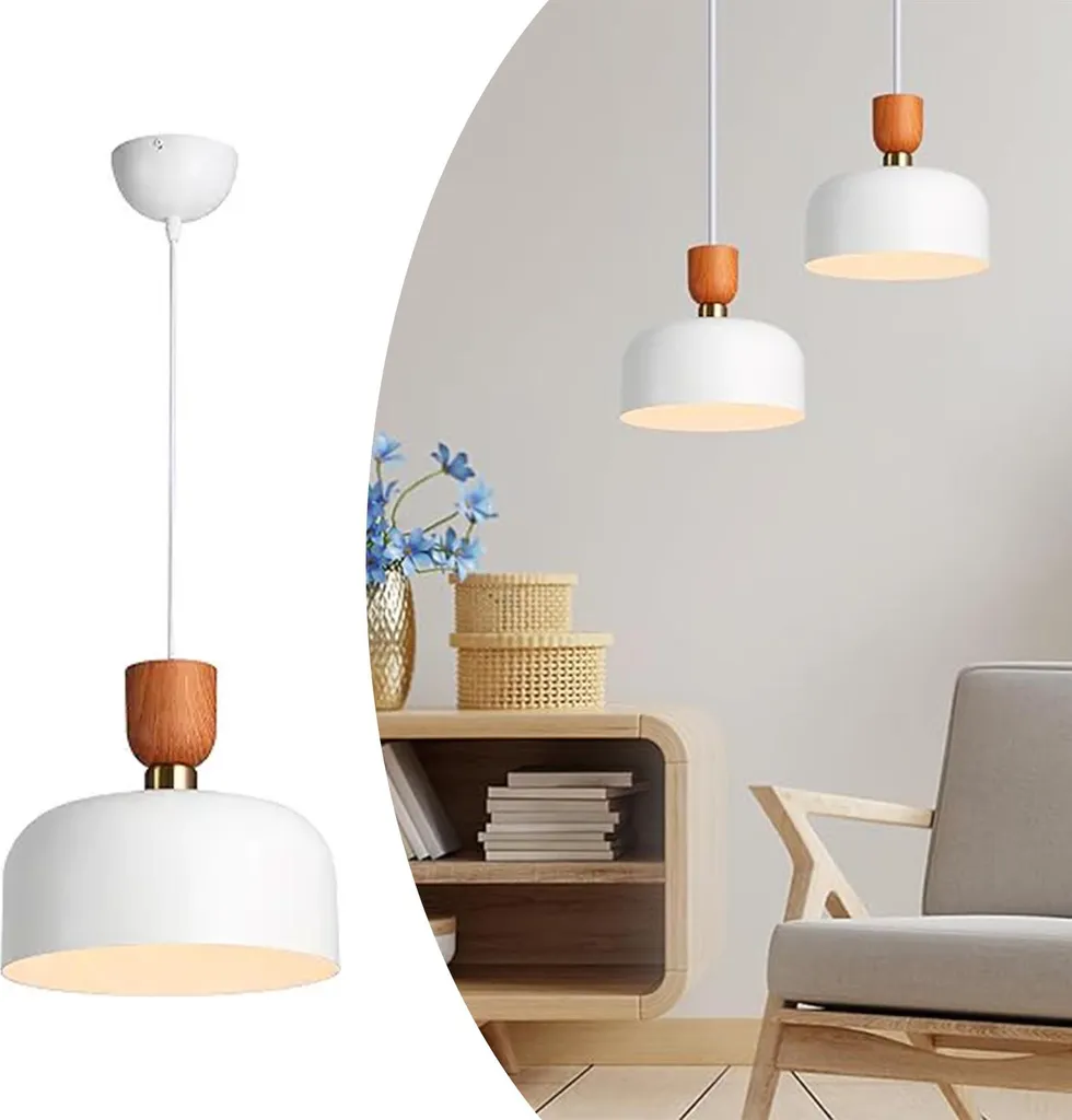 Moderna lampada a sospensione nordica 30 cm - Metallo bianco con effetto legno, regolabile in altezza, presa E27, cucina o sala da pranzo