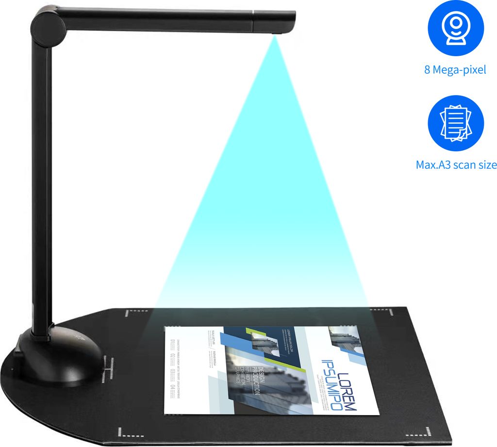 Dokumentenbuchkamera-Scanner 8 Megapixel HD High-Definition A3 Scangroesse mit USB-Anschluss LED-Licht OCR-Funktion Kompatibel mit Windows fuer Kla...