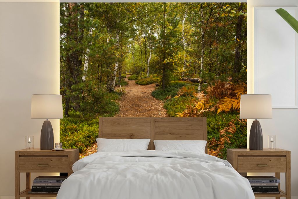MuchoWow Fototapete für Wohnzimmer oder Schlafzimmer Wandtapete Vinyl Motivtapete Wald - Weg - Herbst - Laub - 350x350 cm - Schlafzimmertapete