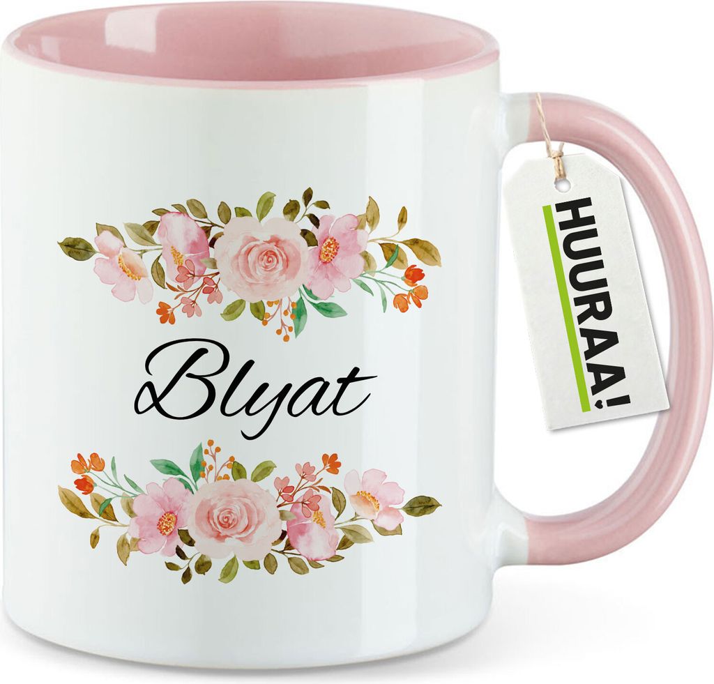 Huuraa Kaffeetasse Blyat russisch Blumen 330ml Rosa Keramik Kaffeebecher Geschenkidee