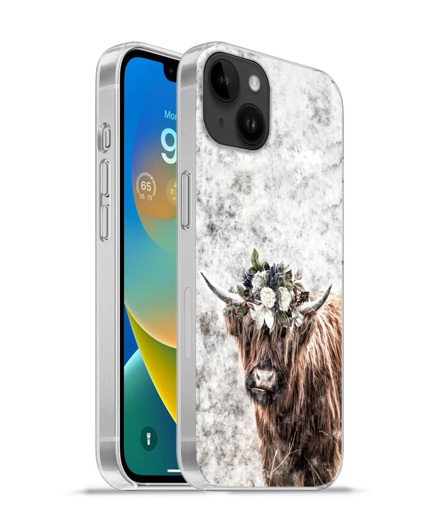 MuchoWow Handyhülle Schutzhülle Hülle für Apple iPhone 14 Plus - Soft case Schottischer Highlander - Marmor - Blumen Silikon Softcase Handy H...