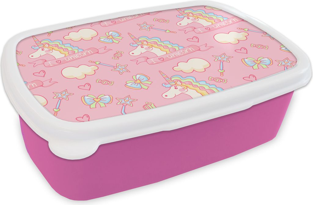 KitchenYeah Lunchbox Brotzeit Brotdose 17x11 cm Einhorn - Rosa - Muster - Kind Kinder Brotzeitdose - Lunchpaket - Brotkasten - Sandwich Box