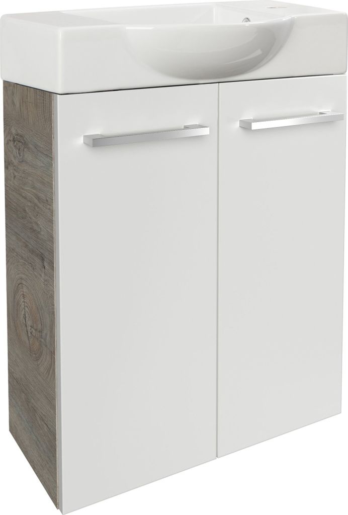 Fackelmann SBC STANFORD Gäste WC Set 2-teilig 55 cm, Braun hell/Weiß, 2 Türen, Keramik Hahnloch rechts