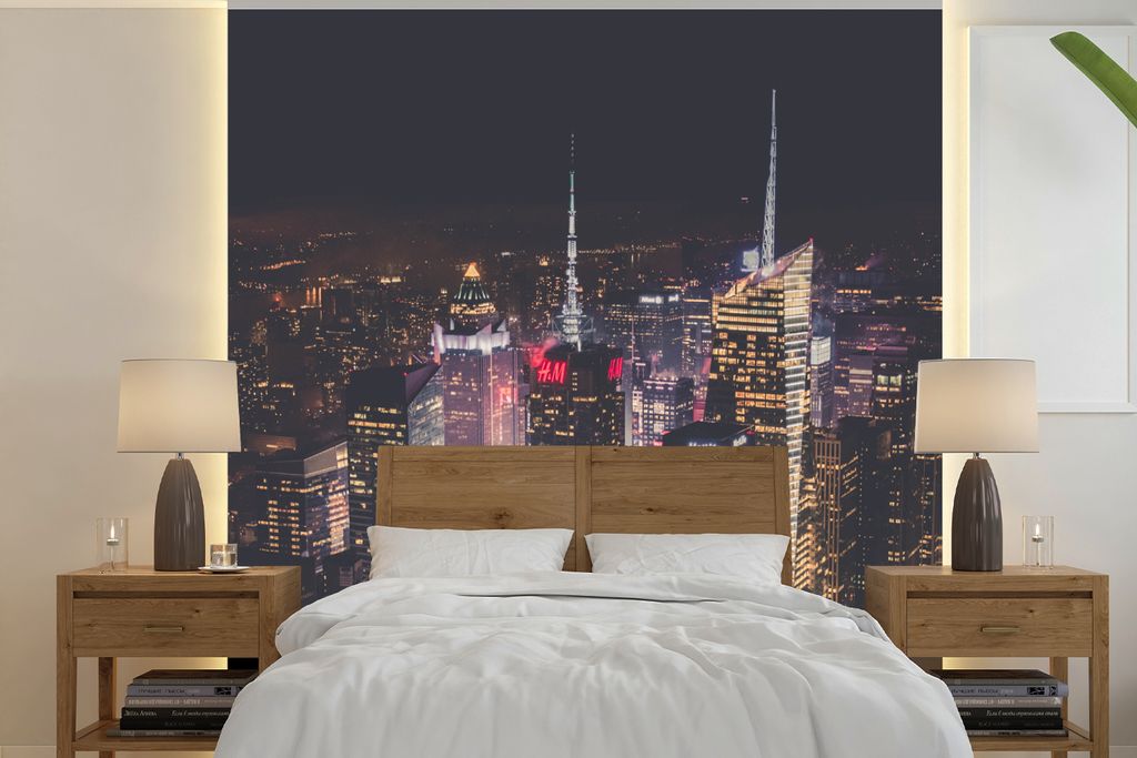 MuchoWow Fototapete für Wohnzimmer oder Schlafzimmer Wandtapete Vinyl Motivtapete New York - Logo - Beleuchtung - 260x260 cm - Papiertapeten