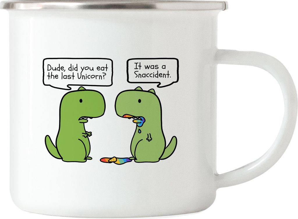 T-Rex frisst Einhorn Emaille Tasse Lustiges Dinosaurier Einhorn Dino Fun Geschenk Ironie Sarkasmus