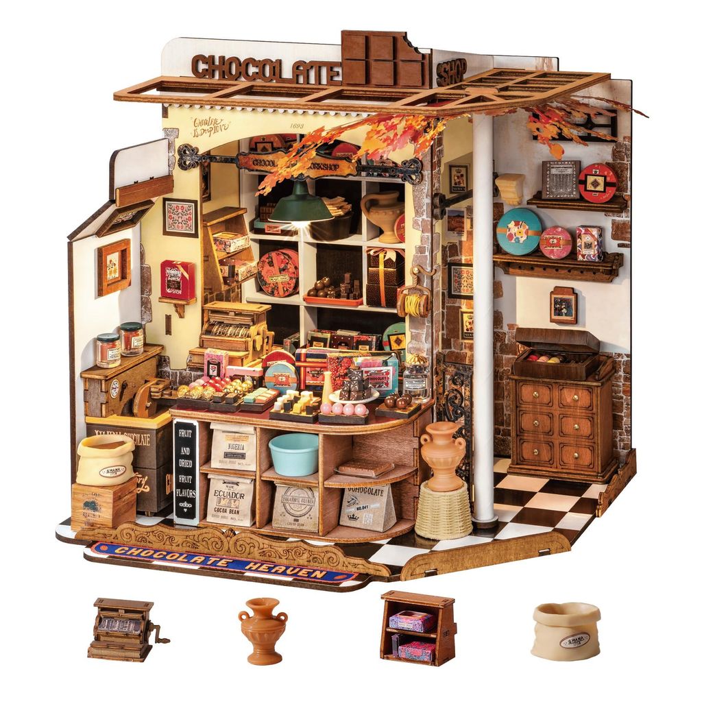 Miniatur Haus Henrys Schokoladenladen, 330-teiliges Mini Haus Selber Bauen Bastelset Erwachsene für Jugendliche Kein Kleber erforderlich