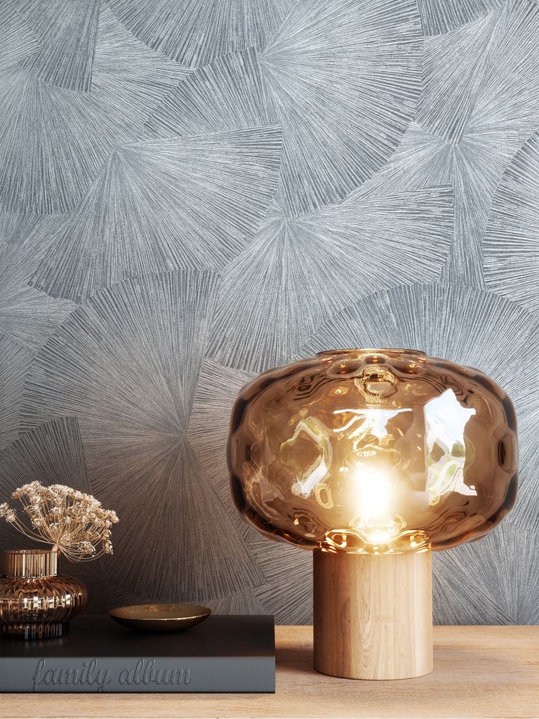 NEWROOM Tapete Silber Vliestapete Glänzend - Glanztapete Glamour Blätter Fächer Grafiktapete Metallic