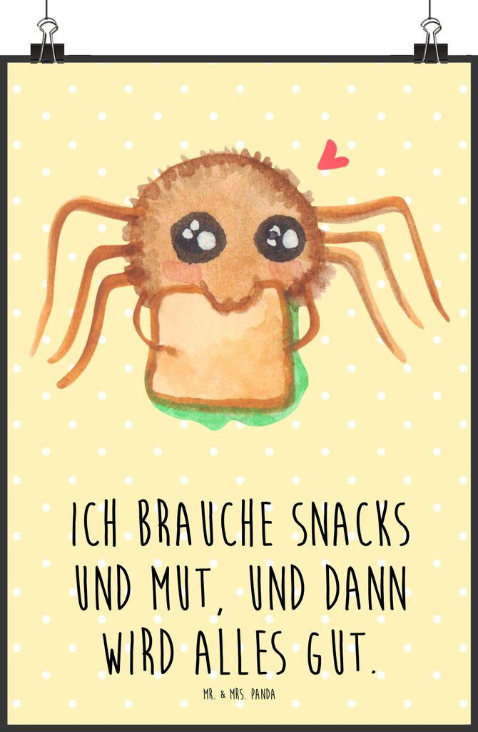 Mr. & Mrs. Panda Bild Spinne Agathe Sandwich DIN A4 - Gelb Pastell - Geschenk, Plakat, Alles Wird gut, Hunger, wanddeko, Wandbild, Mut, Wanddekorat...