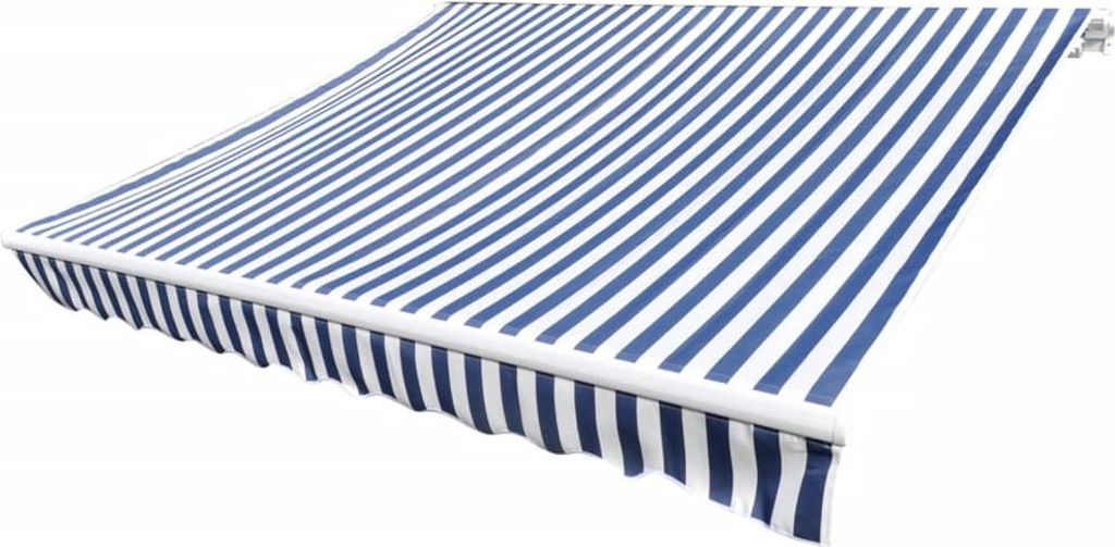 A striped awning is shown against a white background.
