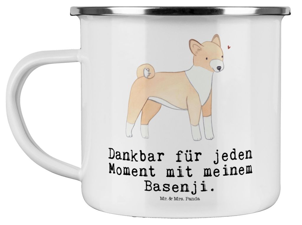 Mr. & Mrs. Panda Campingtasse Basenji Moment - Weiß - Geschenk, Kongo-Terrier, Emaille Tasse, Teetasse, blechbecher, becher
