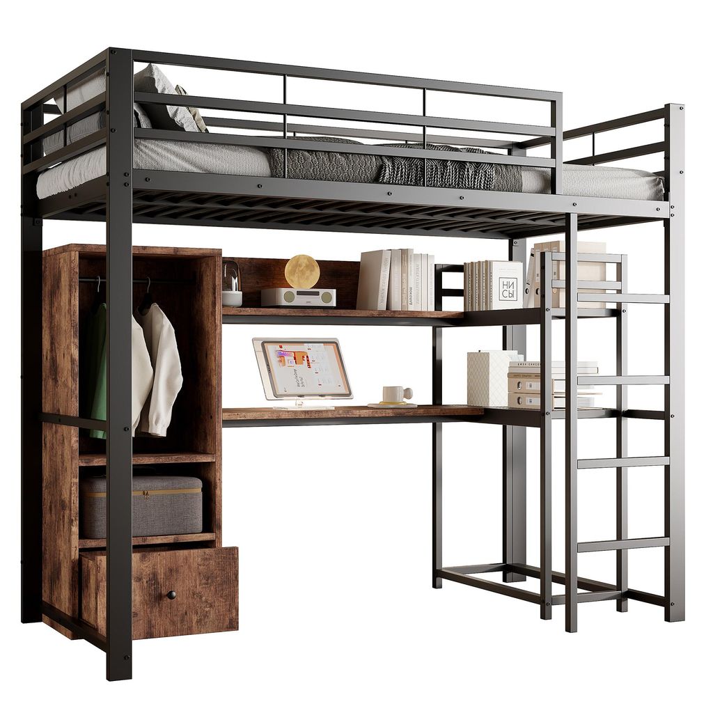 Hochbett mit Schreibtisch und LED-Beleuchtung, 140x200 cm, Metallbett mit Rausfallschutz, Jugendbett