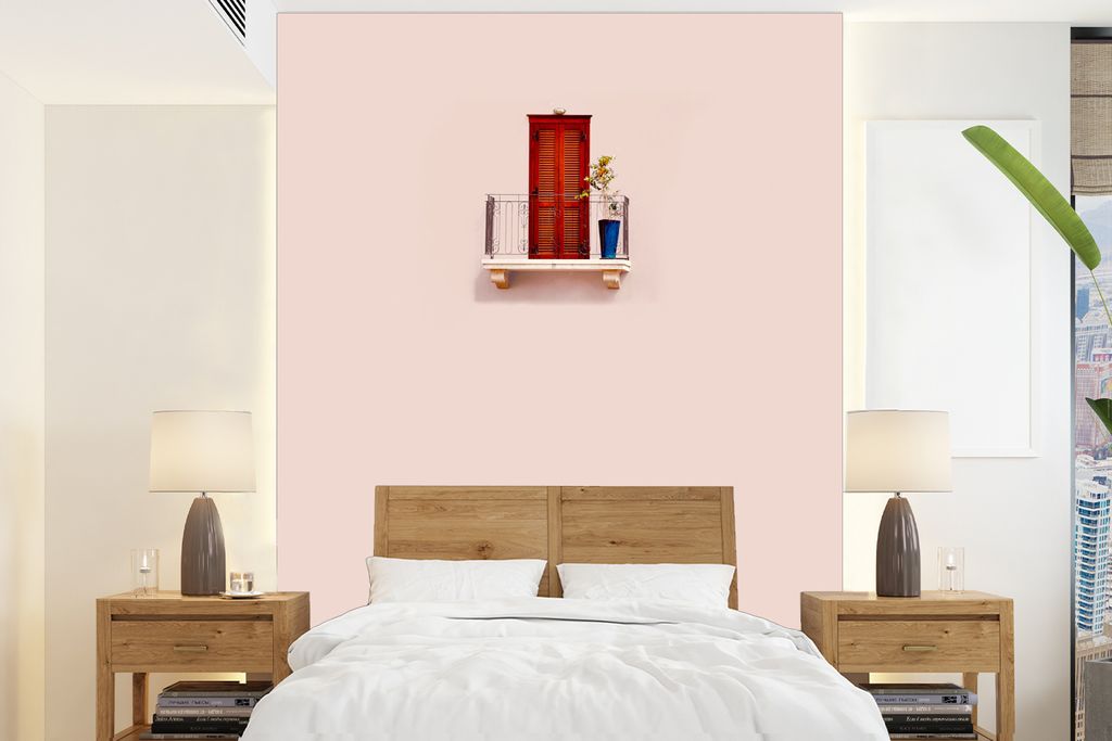 MuchoWow Fototapete für Wohnzimmer oder Schlafzimmer Wandtapete Vinyl Motivtapete Tür - Rot - Pastell - Architektur - 195x260 cm - Wandbild