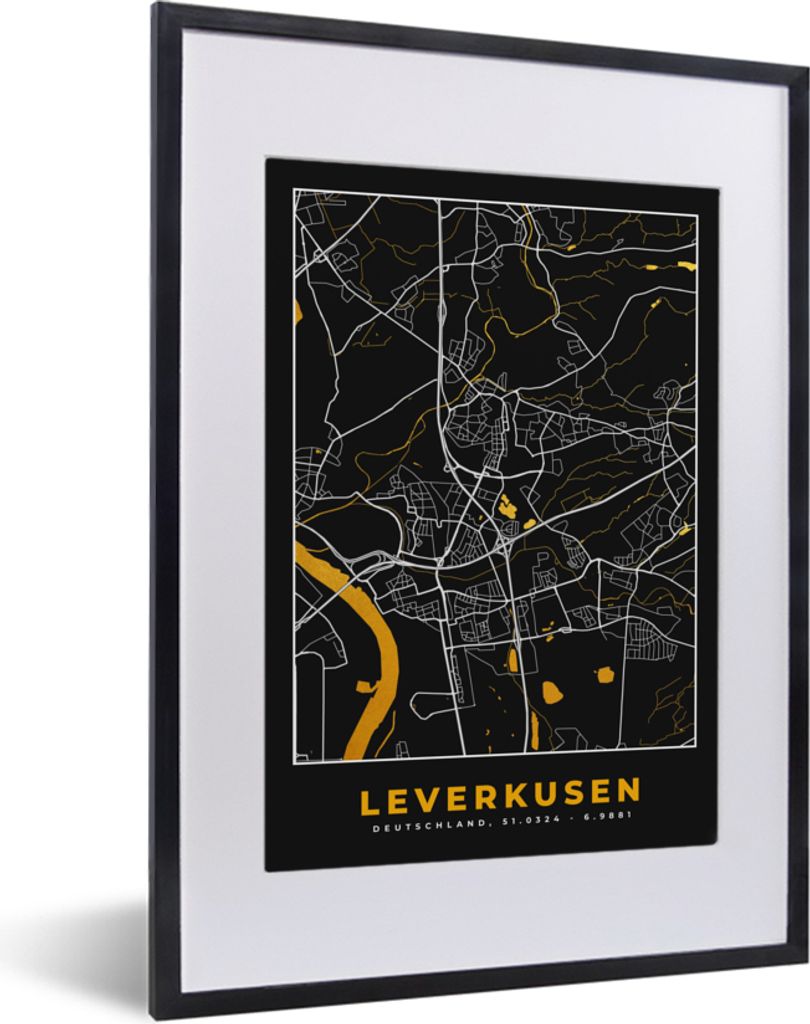 MuchoWow Gerahmtes Poster Leverkusen - Gold - Stadtplan - Deutschland - Karte 30x40 cm - Poster mit Schwarzem Bilderrahmen Wandposter Rahmen Foto...