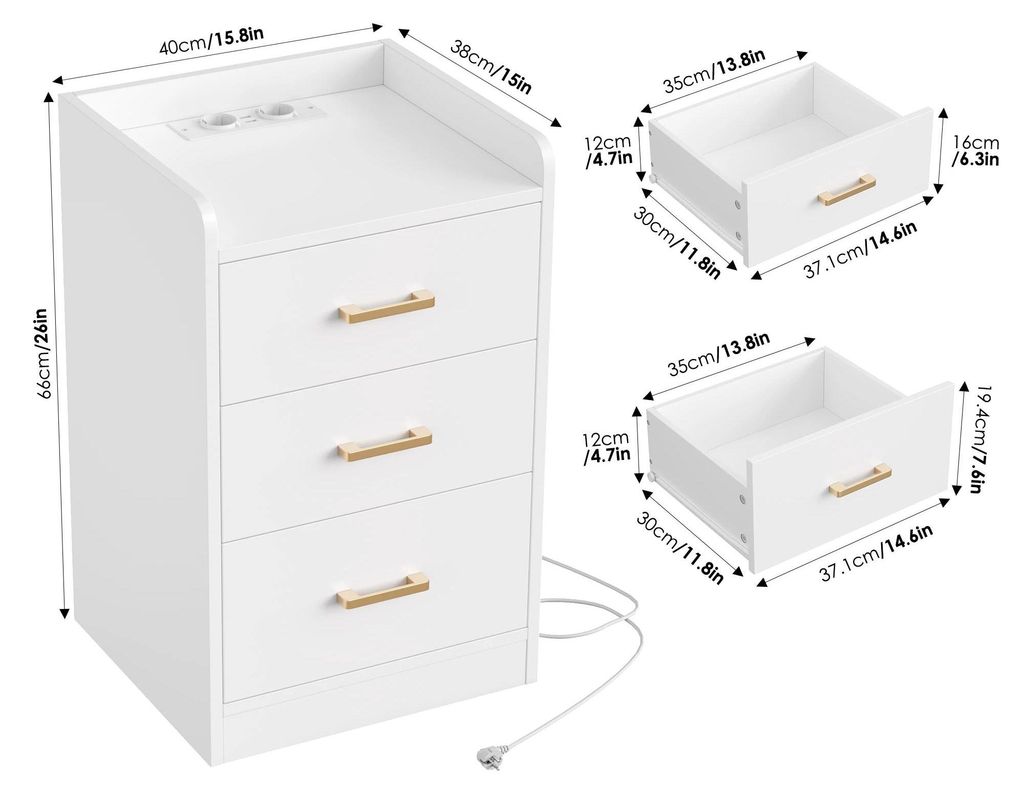 Nachttisch mit Ladestation - Beistelltisch Schlafzimmer - 3 Schubladen - 2 Steckdosen & 2 USB-Anschlüsse - Holz, 66 cm - Weiß