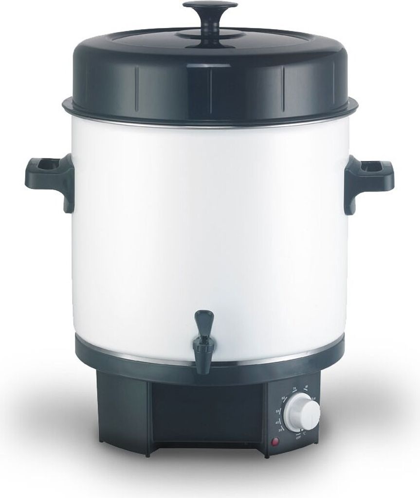 A front-facing image of a white and dark gray electric beverage dispenser with a black lid.