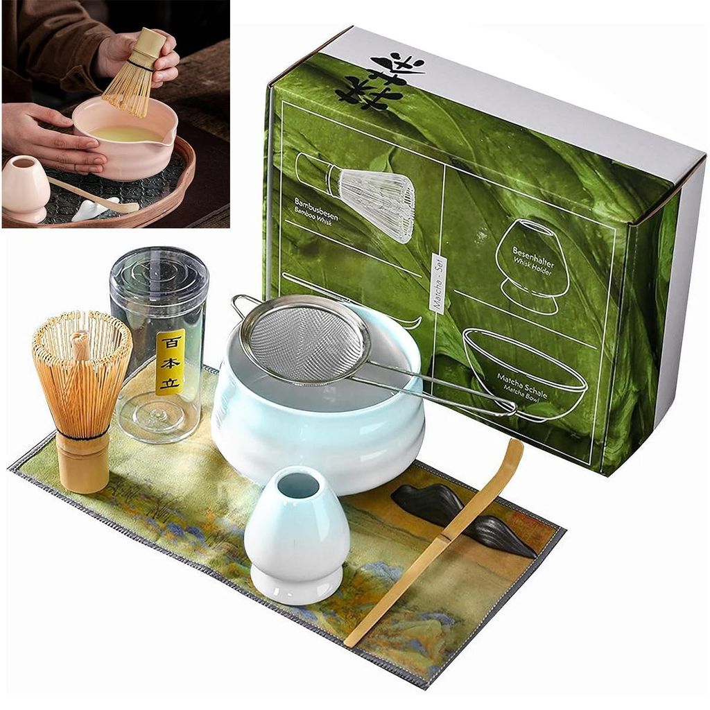 Matcha Teezeremonie Set 4-teilig,Japanisches Matcha Teeschalen Set mit Bambusbesen, Löffel und Zubehör, Keramik Schale,Blauverlauf