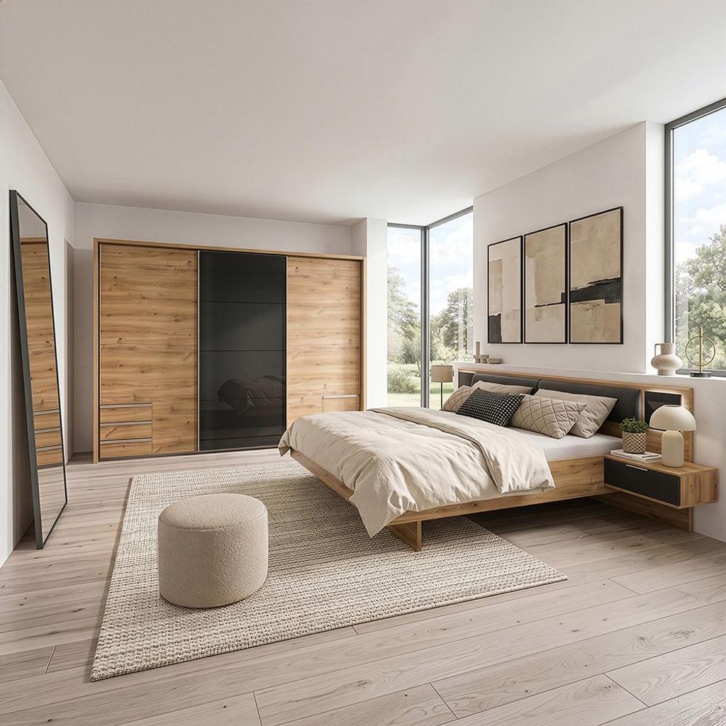 Schlafzimmer-Set mit 160x200 cm Doppelbett & 273 cm Schwebetürenschrank, 2-teilig, mit Glasschwebetür, Kopfteilpolster & beleuchteten Glaspaneele...
