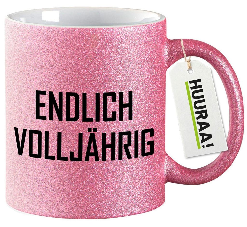 Huuraa Glitzertasse Endlich Volljährig Schriftzug 330ml Pink Keramik Kaffeebecher Geschenkidee