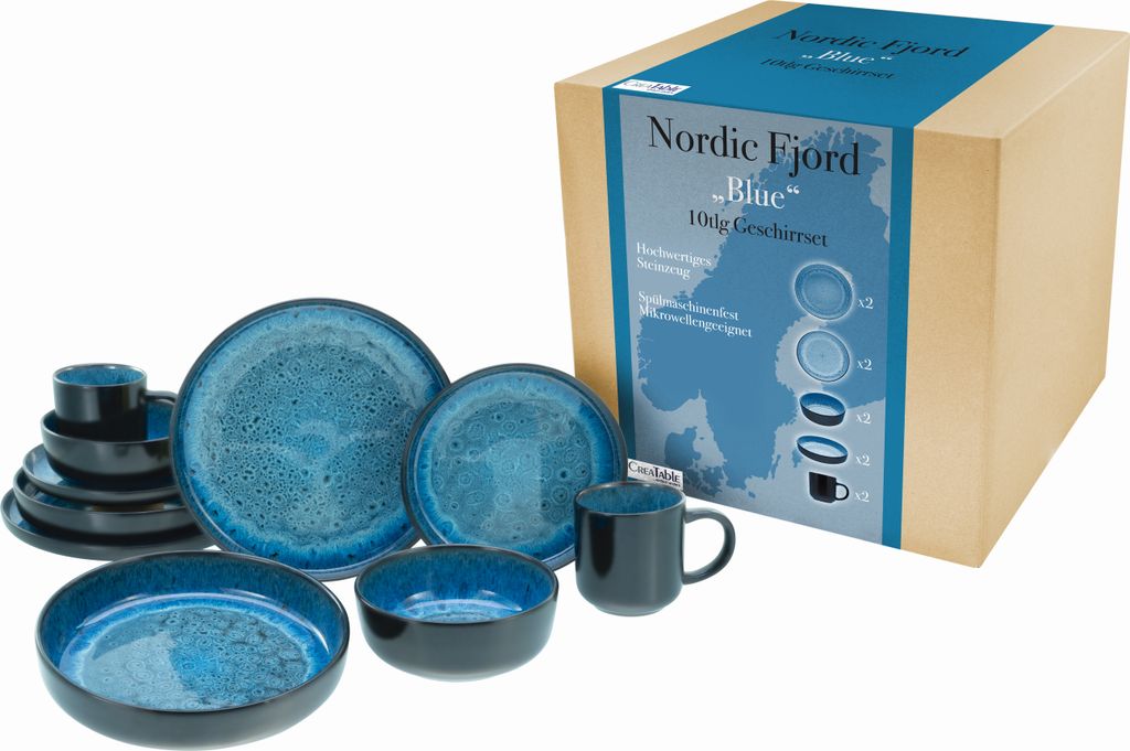 A set of blue and black ceramic dishes and a box of the same product.