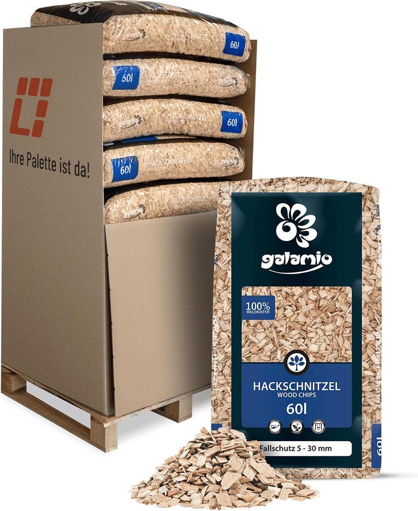 A pallet of bagged wood chips with a single bag in the foreground.
