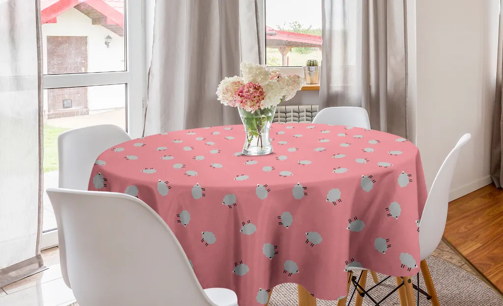 ABAKUHAUS Tovaglia rotonda con pecore, animali della fattoria in stile cartone animato, tovaglia circolare per decorare la sala da pranzo e la cucina, 150 cm, rosa-grigio