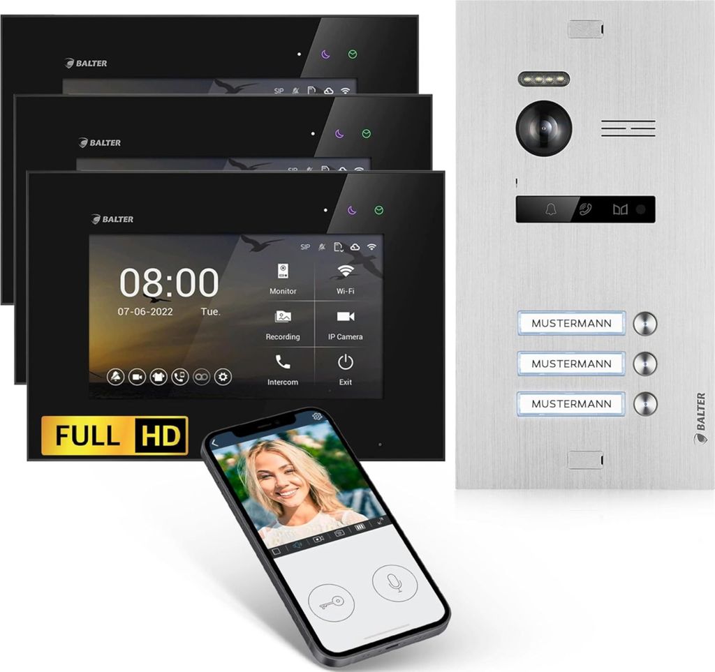 HD Video Türsprechanlage mit Smartphone App für 3 Familienhaus, 3x Monitor, Balter EVO HD WLAN Silber/Schwarz