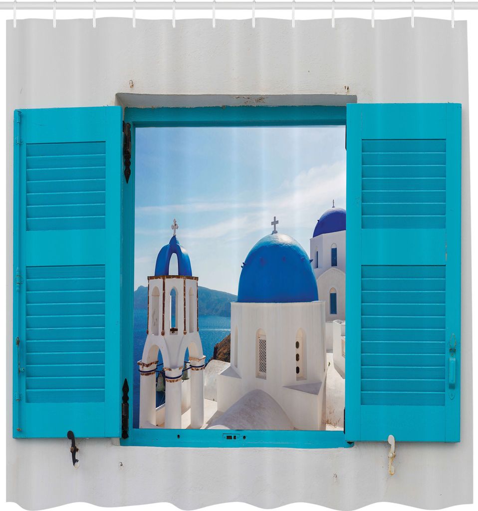 ABAKUHAUS Landschaft Duschvorhang, Fenster Ansicht Klassischen Gebäudes Blauen Hauben Oia Santorini Griechenland, Stoffliches Gewebe Badezimmerdek...