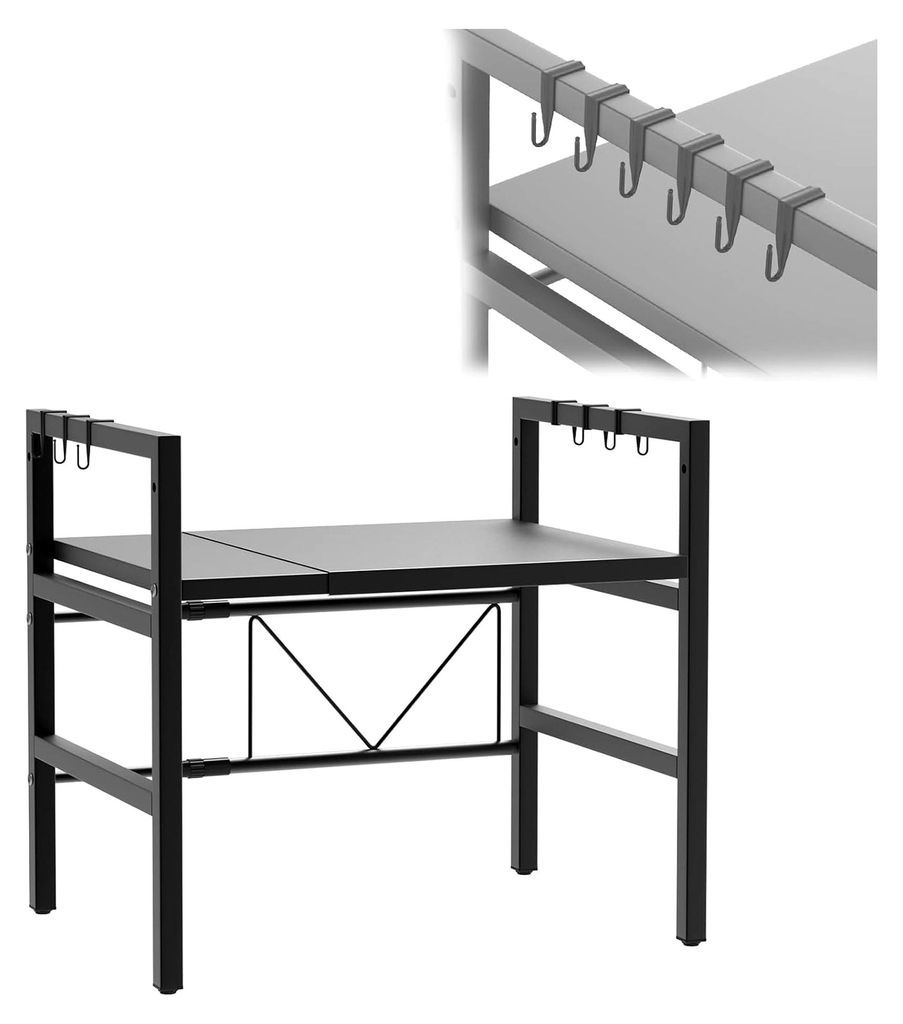 Mikrowellenregal, Höhen- und Breitenverstellbarer Küchenständer, 2-stufiger Mikrowellenständer mit Haken, Stahl-Küchenregal, Kaffee-Station-Or...