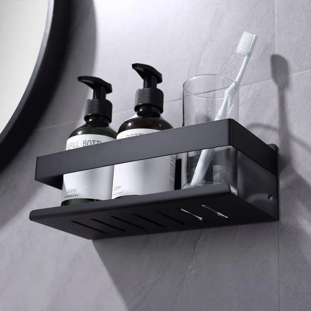 Panier de douche mural autocollant 23cm noir mat pour salle de bain inox