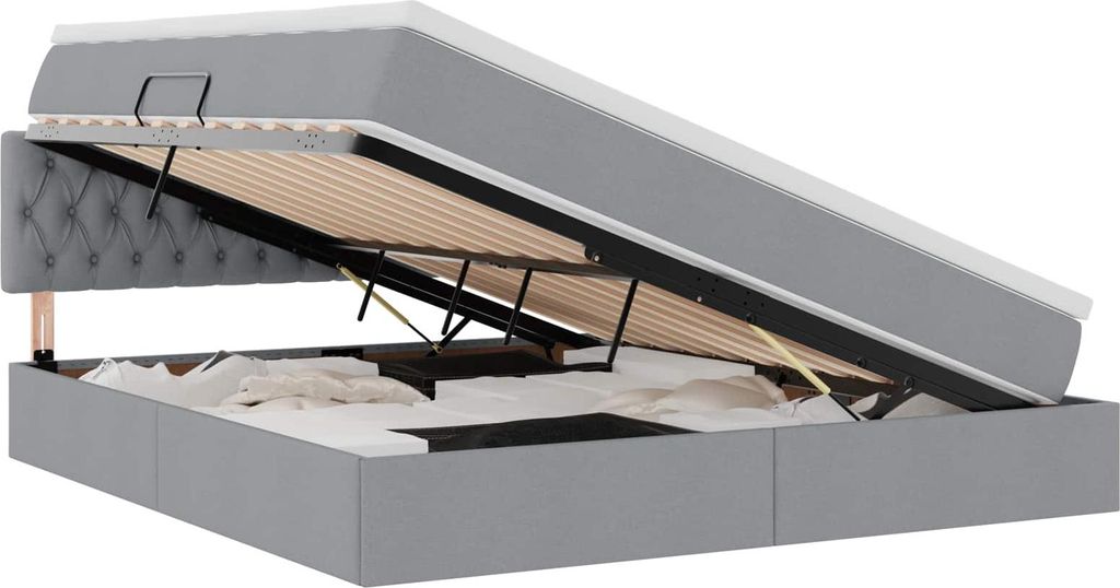 Bett mit Stauraum und LED mit LED Hellgrau 160 x 200 cm Stoff