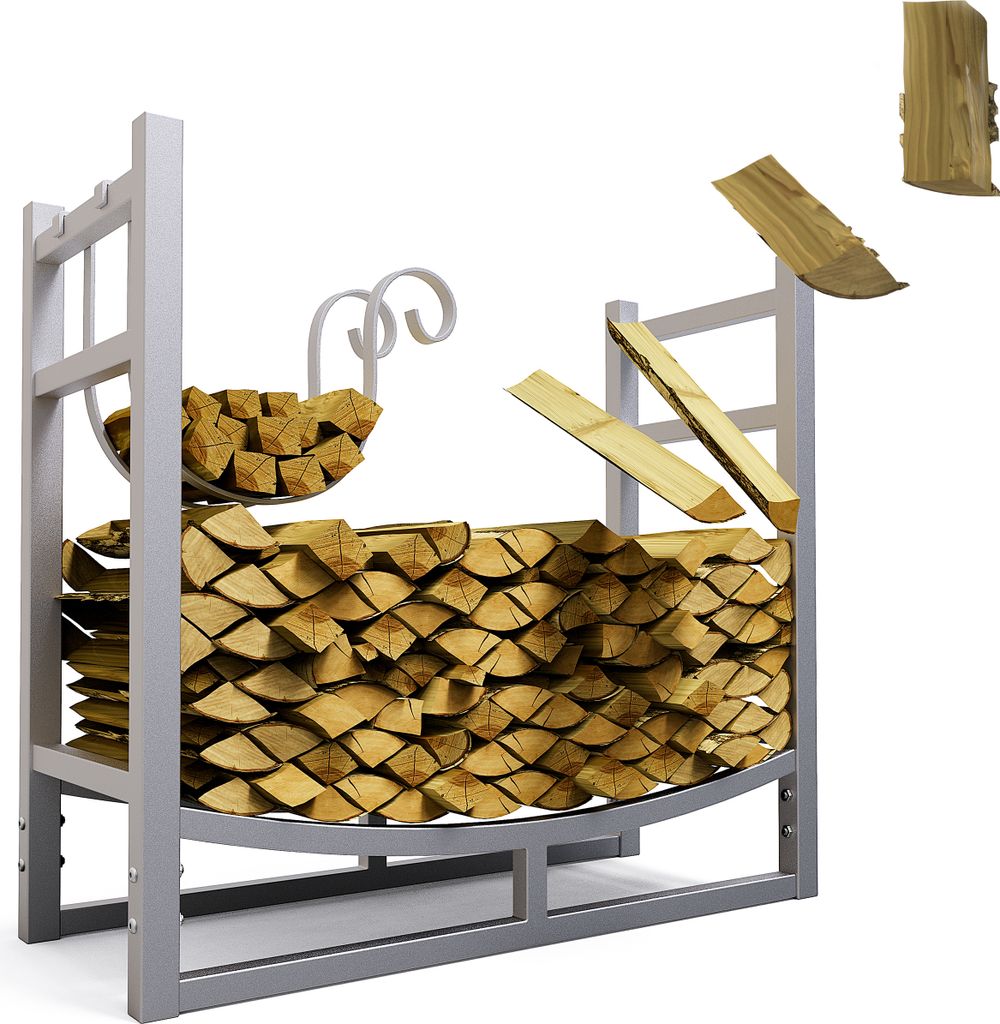 A metal firewood rack filled with logs, with some logs shown falling into it.