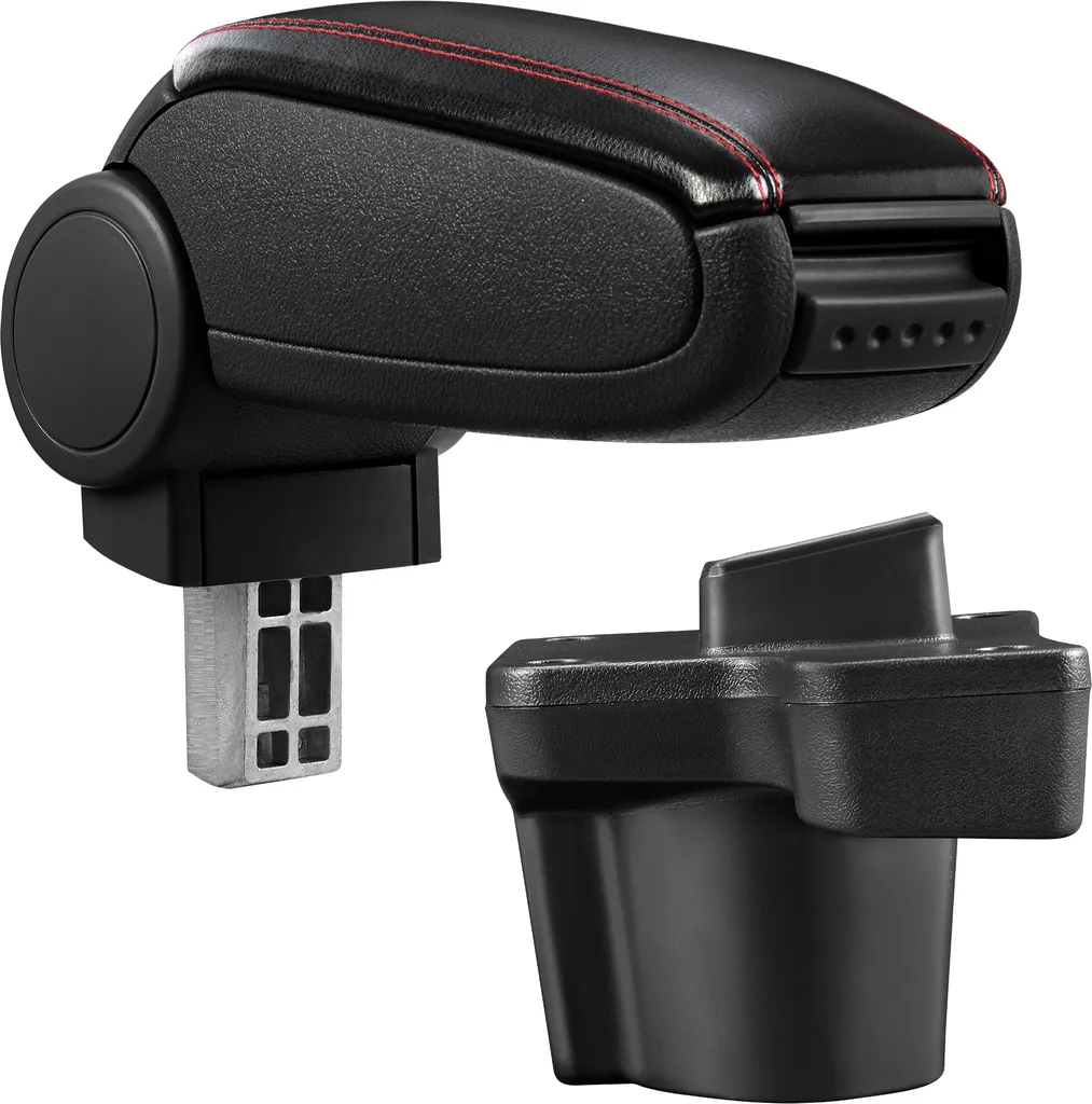 [Bracciolo centrale, perfetto per Mazda 2 (modello DJ, dal 2014) - bracciolo con vano portaoggetti - imbottito - pelle artificiale - nero con cuciture rosse