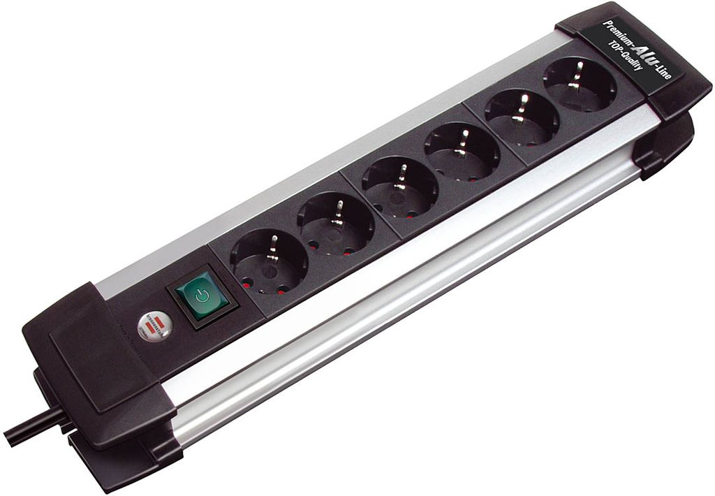 A power strip with multiple outlets and a power switch.