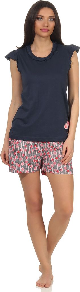 Damen Shorty Pyjama Schlafanzug kurzarm im verspielten Lolli Lutscher lollipop Design ; marine , 44