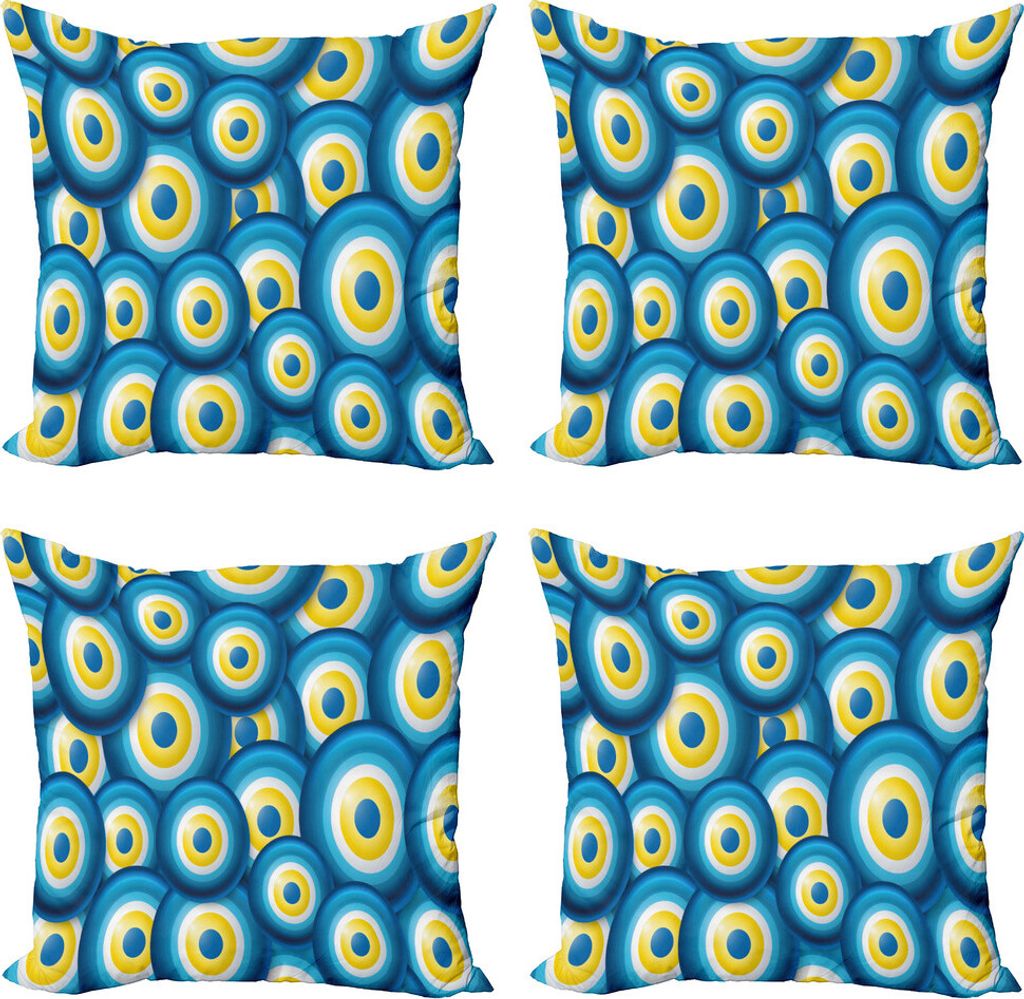 ABAKUHAUS Evil Eye Kissenbezug Set (4 Stück), Luck Overlap, Moderner Doppelseitiger Digitaldruck, 60 cm x 60 cm, Blau Weiß Gelb