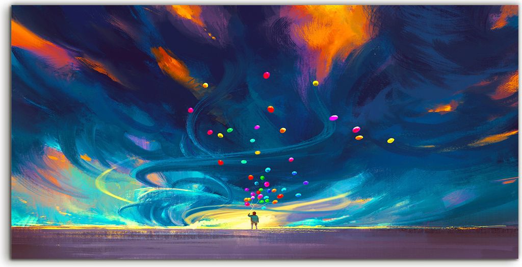 Coloray Canvas 100x50 Wandbild Leinwand Bilder Kind mit Ballons abstrakter Himmel
