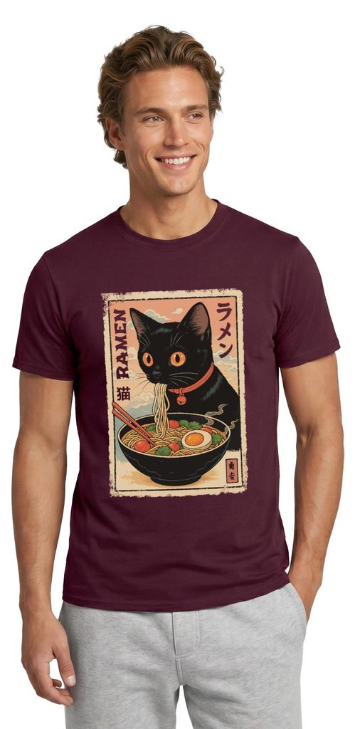 Spreadshirt Ramen Katze | Schwarze Katze Mit Nudelsuppe Männer T-Shirt, XXL, Ziegelrot
