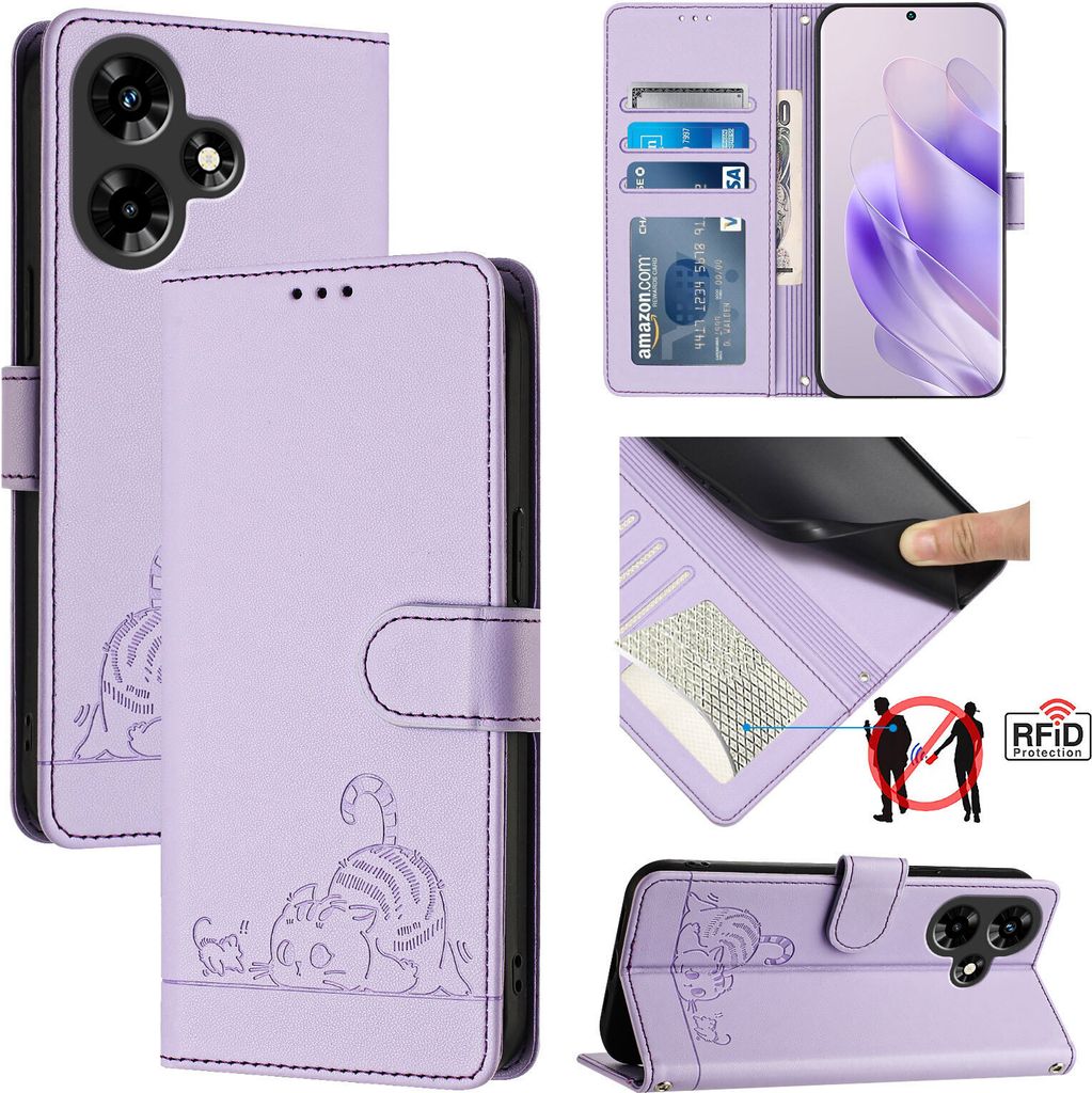 Leder Hülle für Infinix Hot 30i Süße Katze Flip Case Brieftasche Schutzhülle mit Standfunktion Lila