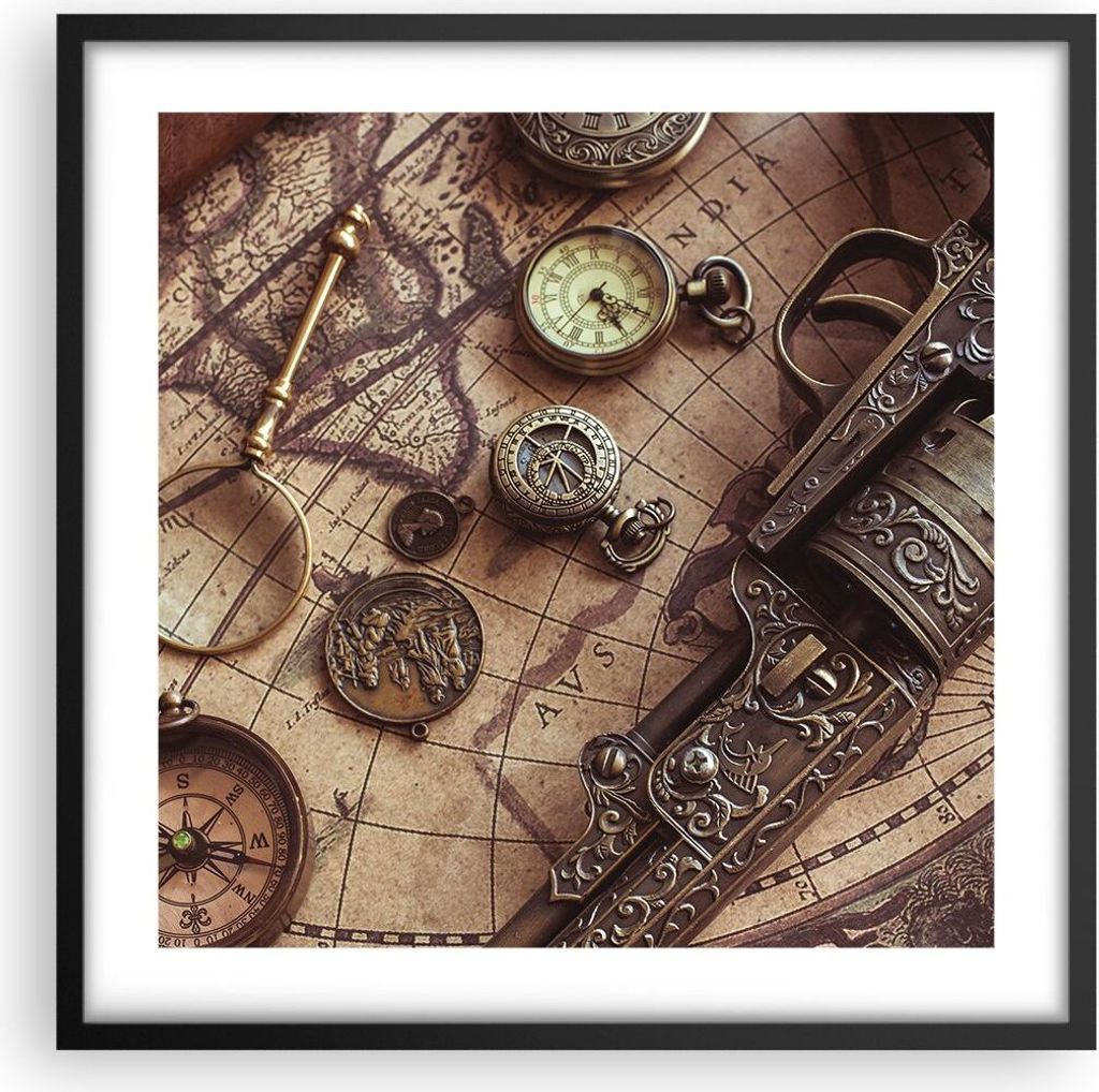 Gerahmtes Poster - Schwarzer Rahmen - Kartographie Vintage Kompass - 50x50 cm - Wand Bild - Wanddeko - Wandbilder - Kunstposter - Wandposter - Bild...