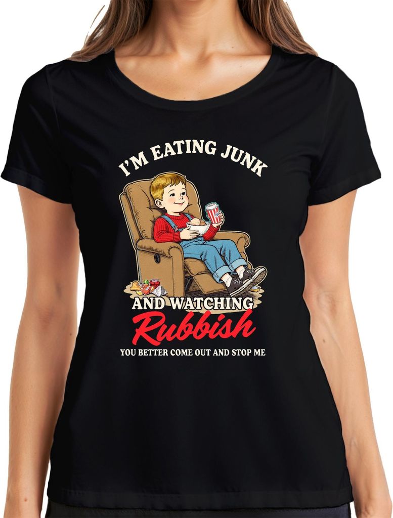 I'M EATING JUNK AND WATCHING Rubbish lustig kind filmabend snack Damen T-Shirt, Schwarz, XXL