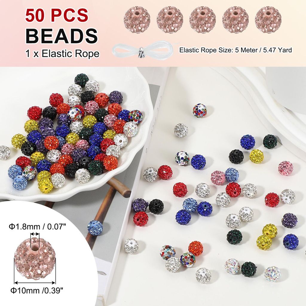 50 Stš¹ck Strassperlen Gro?e Perlen zum Auff?deln, 10mm Runde Disco Ball Clay Perlen Loch Glitzerperlen fš¹r Armb?nder Halskette DIY Basteln Sc...