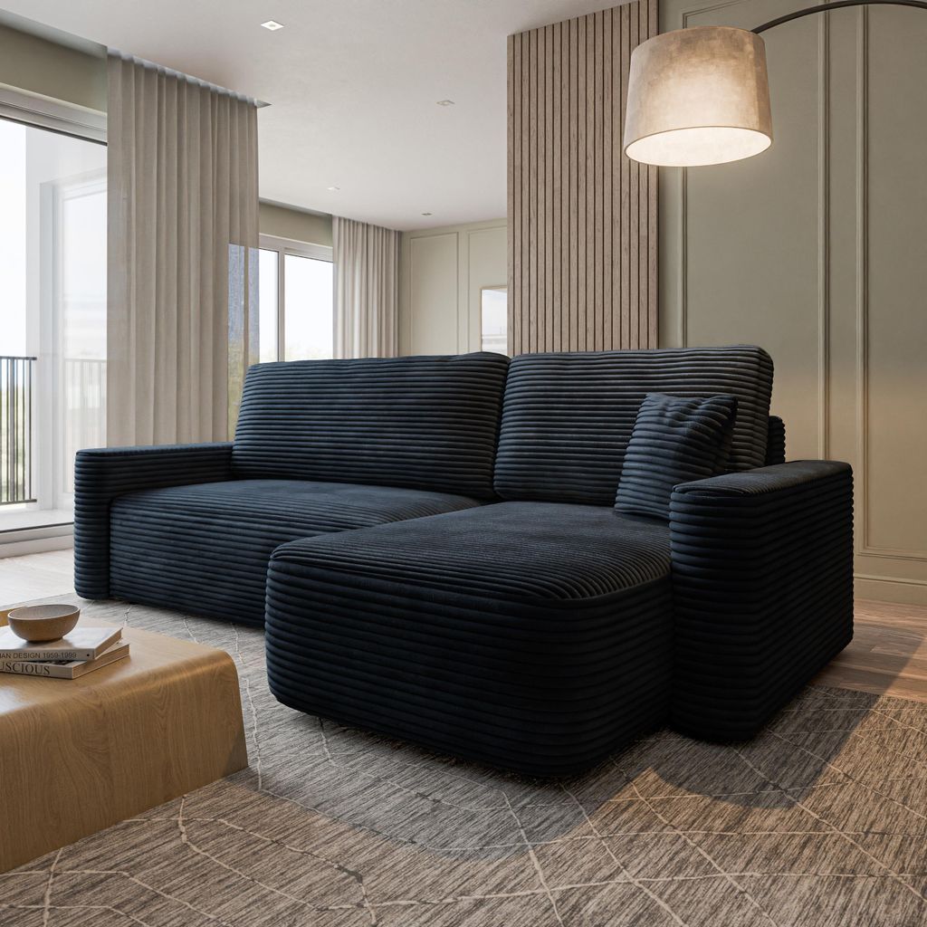 Masseno Ecksofa NERI T mit Schlaffunktion L-Form, Sofa mit Bettkasten, Wohnzimmersofa, Couch, Soffa, Bettsofa, Couchgarnitur- Schwarz, TILIA 100