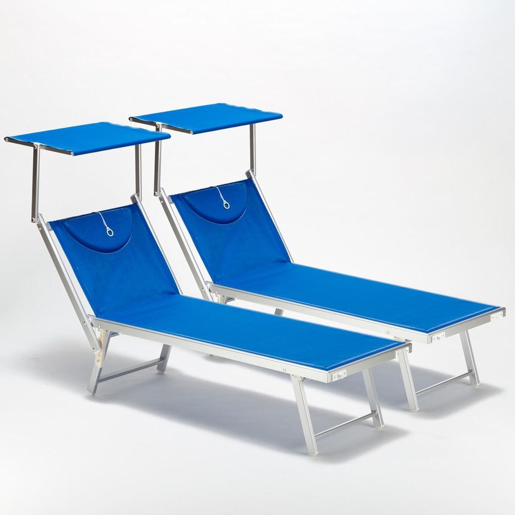 Two blue beach chairs with sunshades against a white background.