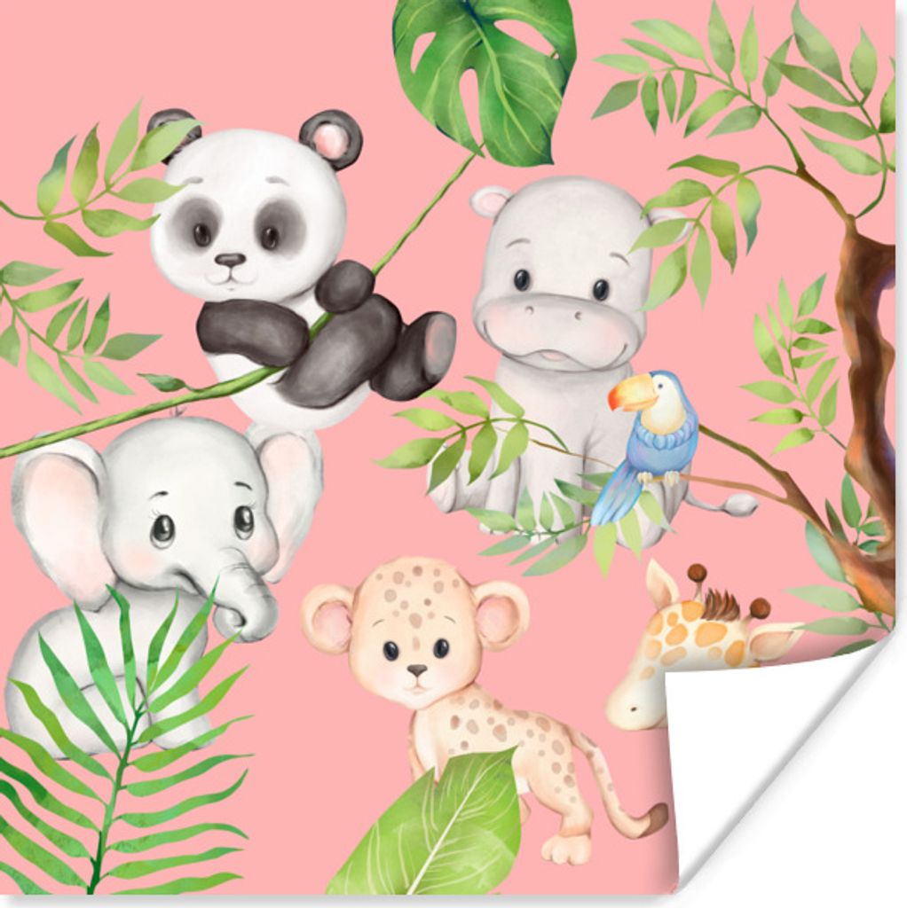 MuchoWow Poster Dschungel - Rosa - Tiere 75x75 cm - Wand Dekoration